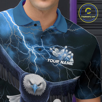 Custom Blue Thunder Lightning Eagle Bowling Polo Shirts For Men, Eagle Bowling Jerseys IPHW9367
