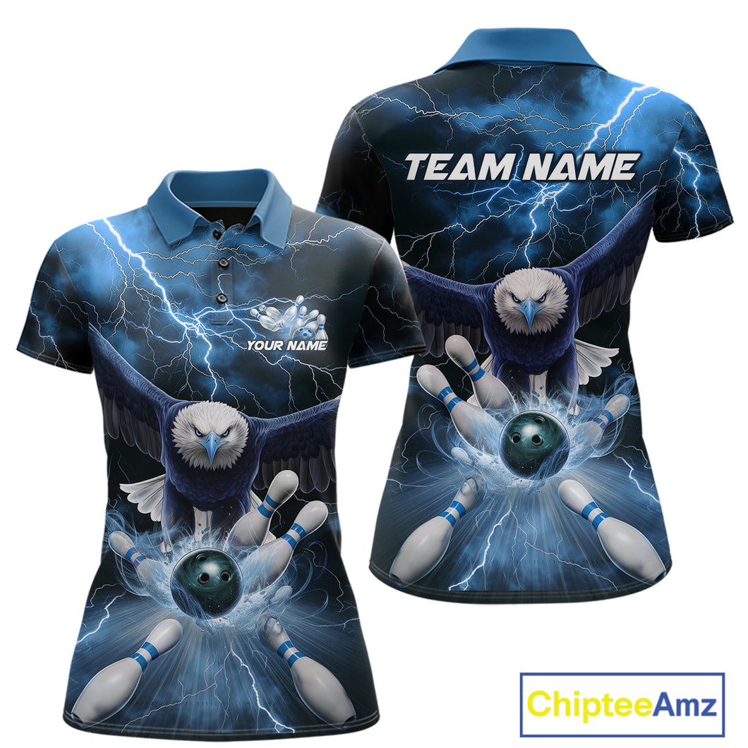 Custom Blue Thunder Lightning Eagle Bowling Polo Shirts For Women, Eagle Bowling Jerseys IPHW9367