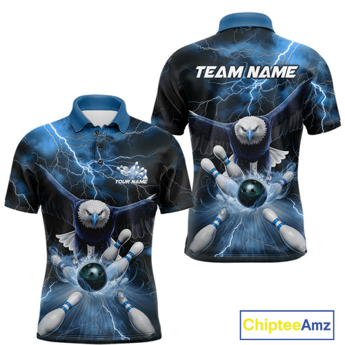 Custom Blue Thunder Lightning Eagle Bowling Polo Shirts For Men, Eagle Bowling Jerseys IPHW9367