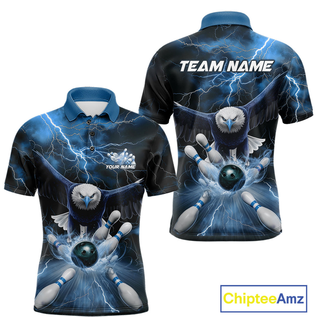 Custom Blue Thunder Lightning Eagle Bowling Polo Shirts For Men, Eagle Bowling Jerseys IPHW9367