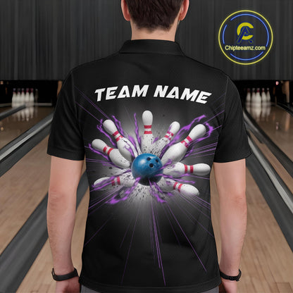 Custom Blue And Purple Bowling Team Polo Shirts For Men, Bowling League Shirt IPHW9368