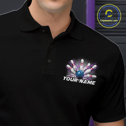 Custom Blue And Purple Bowling Team Polo Shirts For Men, Bowling League Shirt IPHW9368