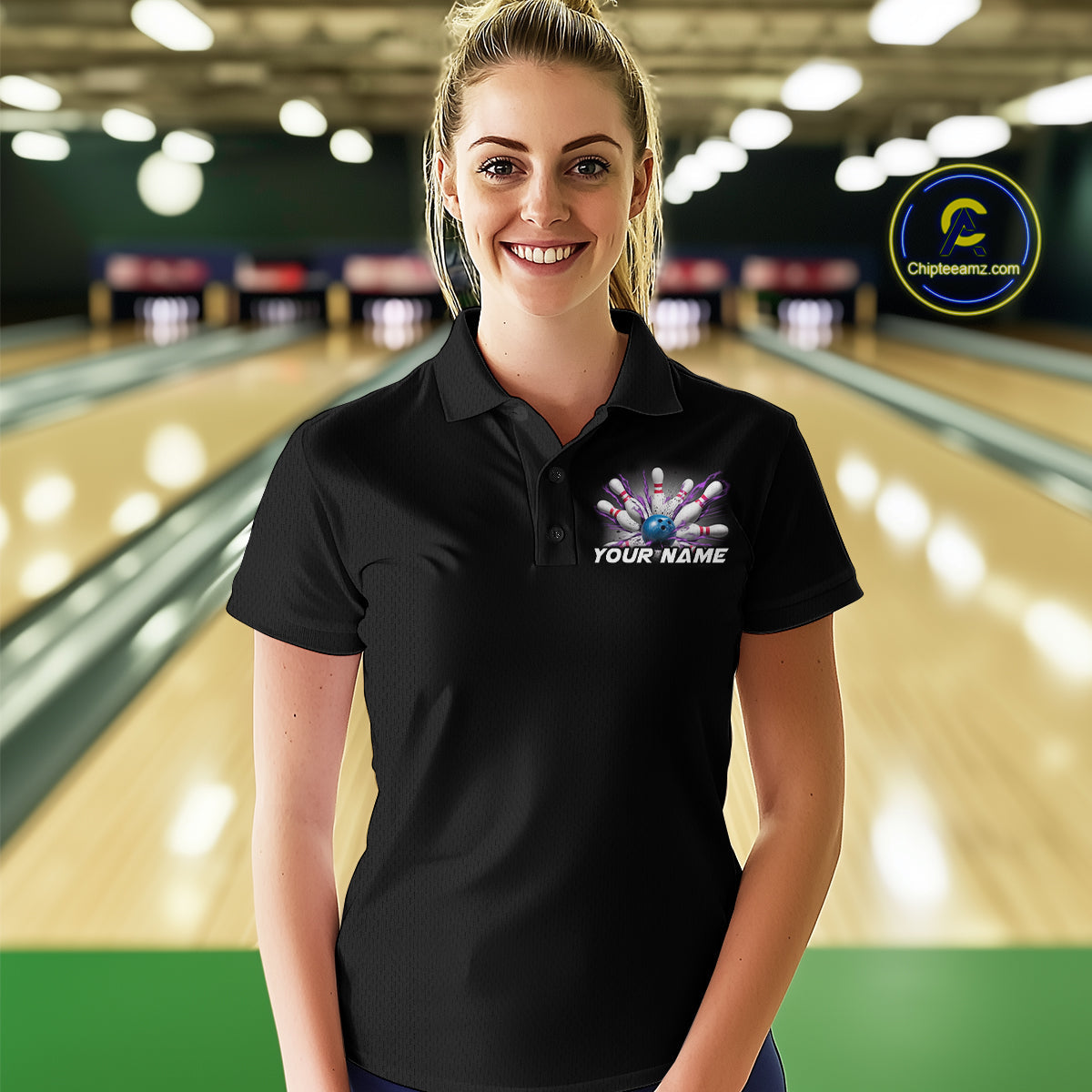 Custom Blue And Purple Bowling Team Polo Shirts For Women, Bowling League Shirt IPHW9368