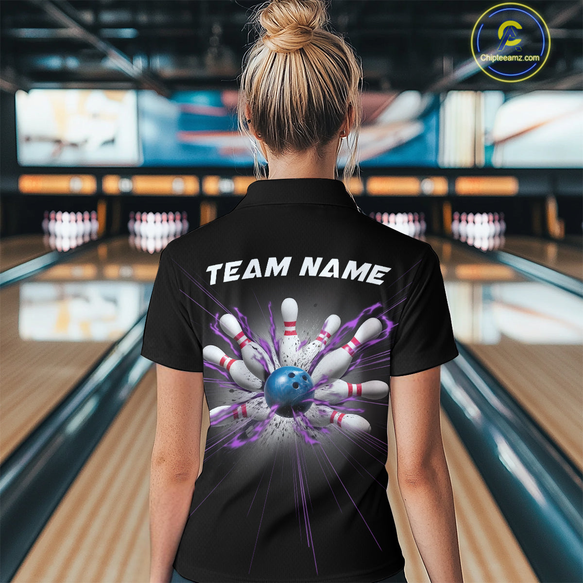 Custom Blue And Purple Bowling Team Polo Shirts For Women, Bowling League Shirt IPHW9368