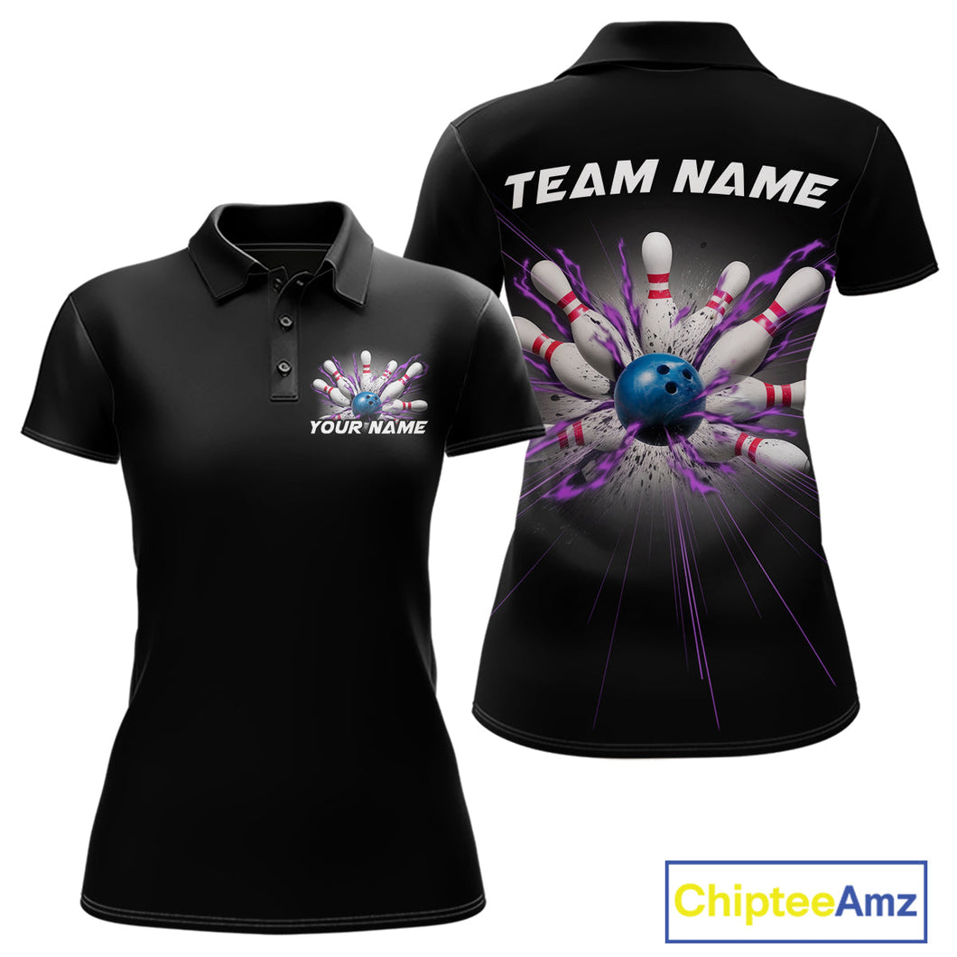Custom Blue And Purple Bowling Team Polo Shirts For Women, Bowling League Shirt IPHW9368