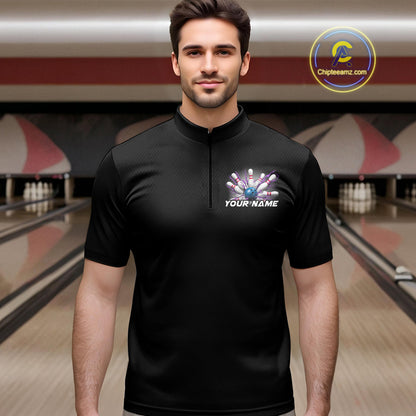 Custom Blue And Purple Bowling Team Quarter-Zip Shirts For Men, Bowling League Shirt IPHW9368