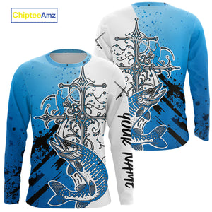 Custom Blue Camo Faith Musky Long Sleeve Tournament Fishing Shirts, Muskie Shirt IPHW9184