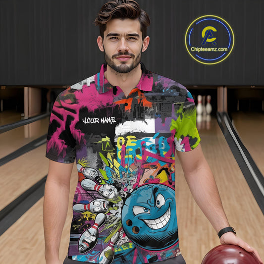 Custom Funny Graffity Colorful Bowling Polo Shirts For Men, Bowling Tournament Shirt IPHW9382