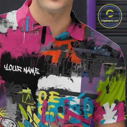 Custom Funny Graffity Colorful Bowling Polo Shirts For Men, Bowling Tournament Shirt IPHW9382
