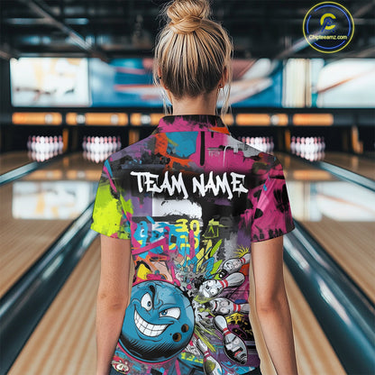 Custom Funny Graffity Colorful Bowling Women Quarter-Zip Shirts, Bowling Tournament Shirt IPHW9382
