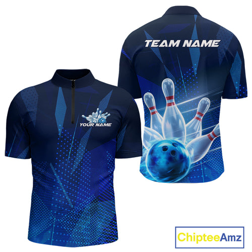 Custom Black And Blue Bowling Jerseys, Men Bowling Quarter-Zip Shirt Team Uniform IPHW9390