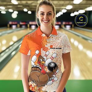 Custom Funny Orange Thanksgiving Turkey Bowling Team Women Polo Shirts, Bowling Jerseys IPHW9767