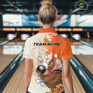Custom Funny Orange Thanksgiving Turkey Bowling Women Quarter-Zip Shirts, Bowling Jersey IPHW9767