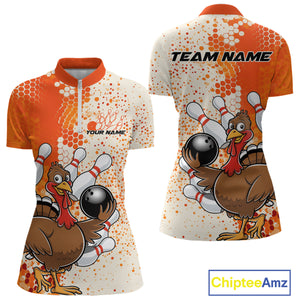 Custom Funny Orange Thanksgiving Turkey Bowling Women Quarter-Zip Shirts, Bowling Jersey IPHW9767