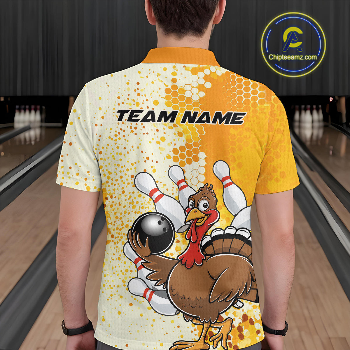 Custom Funny Yellow Thanksgiving Turkey Bowling Team Men Polo Shirts, Bowling Jerseys IPHW9768