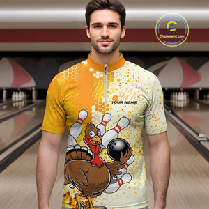 Custom Funny Yellow Thanksgiving Turkey Bowling Team Men Quarter-Zip Shirts, Bowling Jerseys IPHW9768