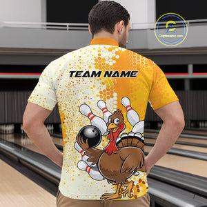 Custom Funny Yellow Thanksgiving Turkey Bowling Team Men Quarter-Zip Shirts, Bowling Jerseys IPHW9768