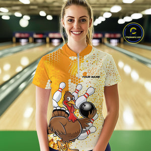 Custom Funny Yellow Thanksgiving Turkey Bowling Women Quarter-Zip Shirts, Bowling Jersey IPHW9768
