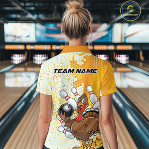 Custom Funny Yellow Thanksgiving Turkey Bowling Women Quarter-Zip Shirts, Bowling Jersey IPHW9768