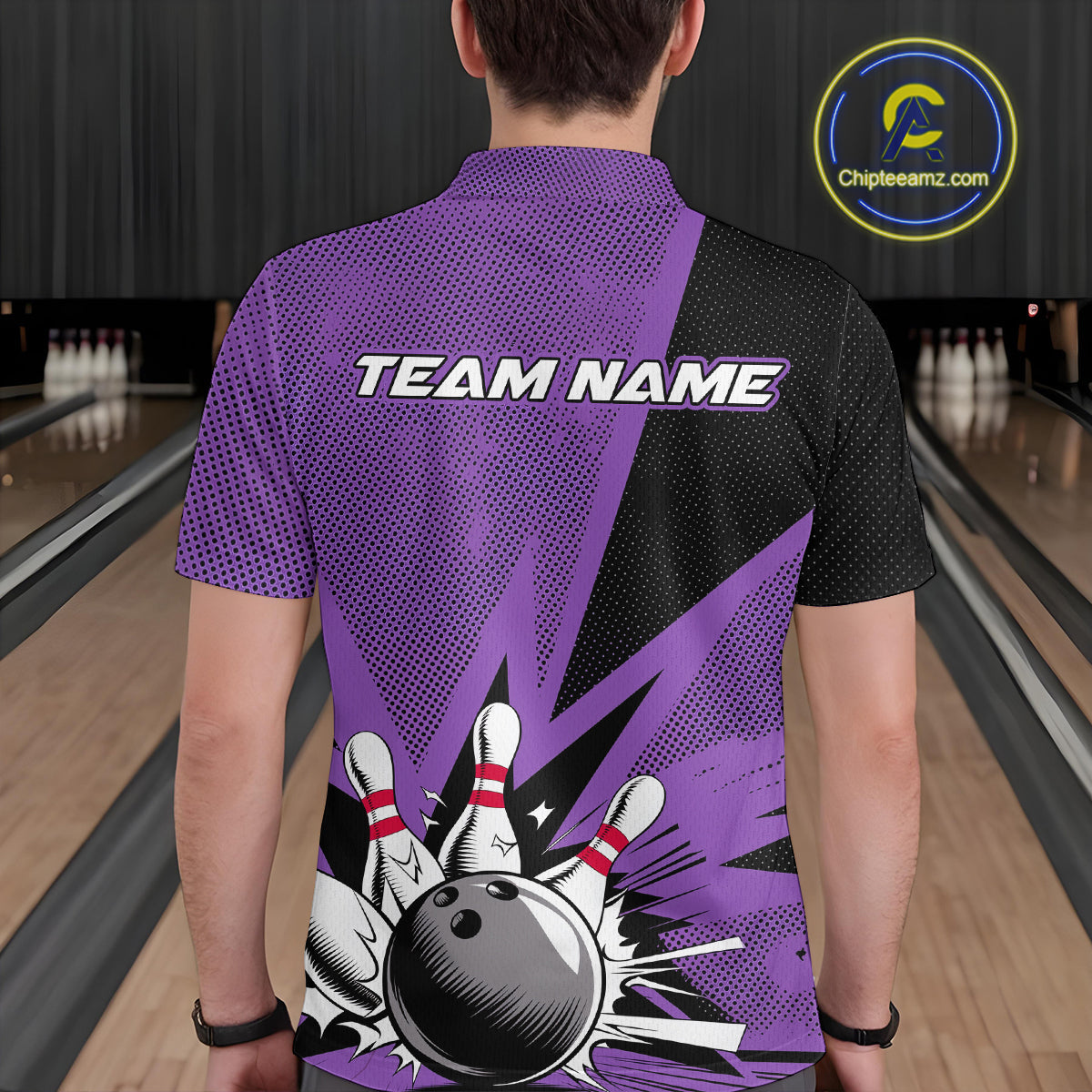 Custom Purple Bowling Jerseys, Bowling Team Men Polo Shirts Bowling League Shirt IPHW9391