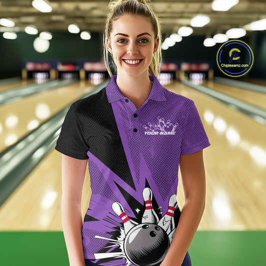 Custom Purple Bowling Jerseys, Bowling Team Women Polo Shirts Bowling League Shirt IPHW9391