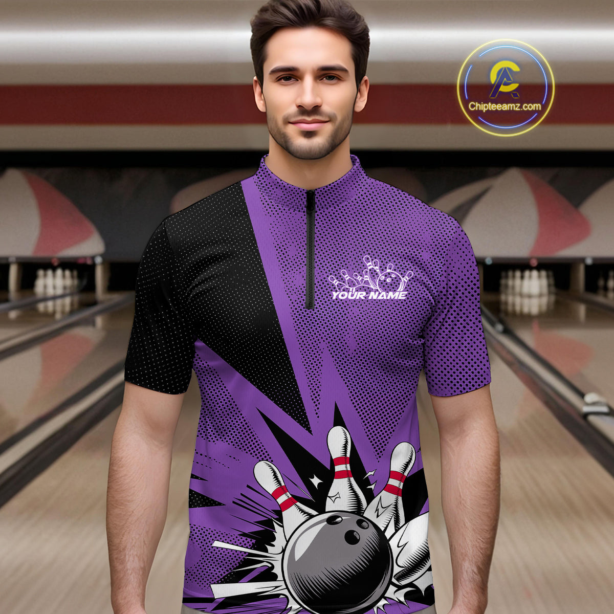 Custom Purple Bowling Jerseys, Bowling Team Men Quarter-Zip Shirts Bowling League Shirt IPHW9391