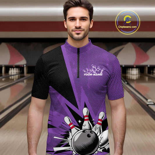 Custom Purple Bowling Jerseys, Bowling Team Men Quarter-Zip Shirts Bowling League Shirt IPHW9391