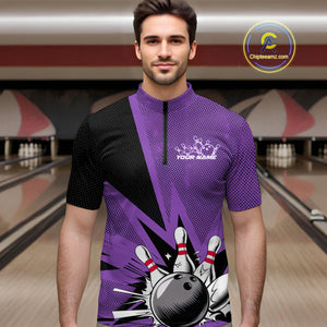 Custom Purple Bowling Jerseys, Bowling Team Men Quarter-Zip Shirts Bowling League Shirt IPHW9391