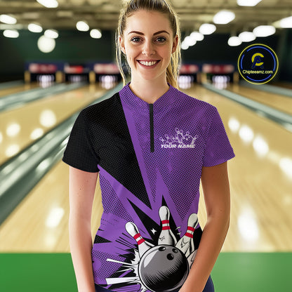 Custom Purple Bowling Jerseys, Bowling Team Women Quarter-Zip Shirts Bowling League Shirt IPHW9391