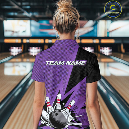 Custom Purple Bowling Jerseys, Bowling Team Women Quarter-Zip Shirts Bowling League Shirt IPHW9391