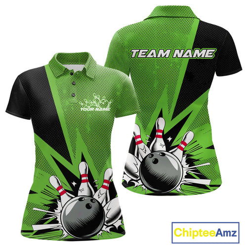 Custom Green Bowling Jerseys, Bowling Team Women Polo Shirts Bowling League Shirt IPHW9392
