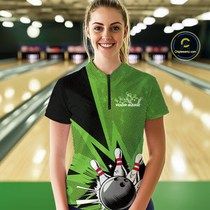 Custom Green Bowling Jerseys, Bowling Team Women Quarter-Zip Shirts Bowling League Shirt IPHW9392