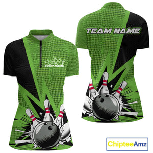 Custom Green Bowling Jerseys, Bowling Team Women Quarter-Zip Shirts Bowling League Shirt IPHW9392