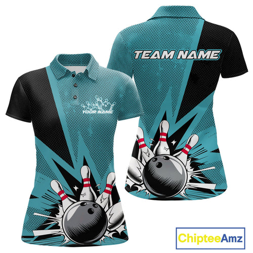 Custom Blue Bowling Jerseys, Bowling Team Women Polo Shirts Bowling League Shirt IPHW9393