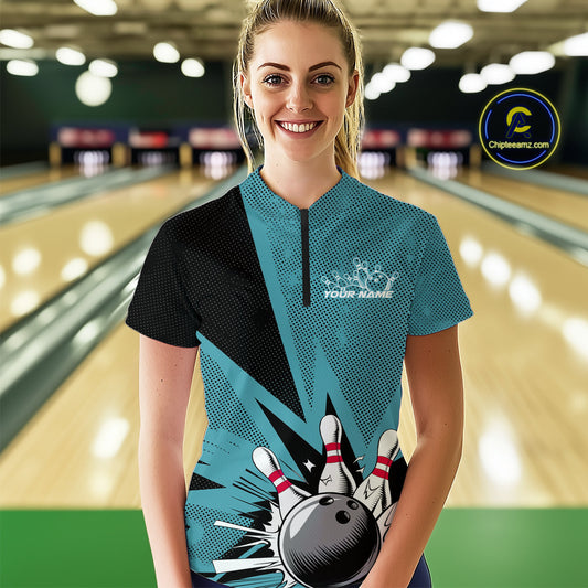 Custom Blue Bowling Jerseys, Bowling Team Women Quarter-Zip Shirts Bowling League Shirt IPHW9393