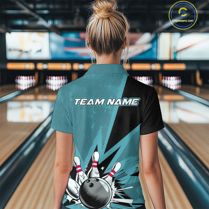 Custom Blue Bowling Jerseys, Bowling Team Women Quarter-Zip Shirts Bowling League Shirt IPHW9393