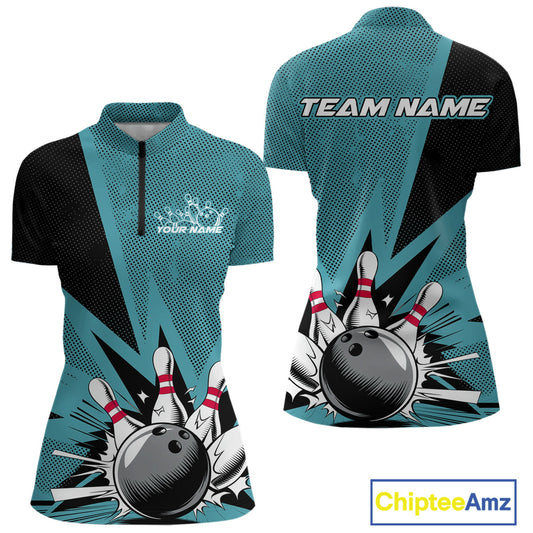 Custom Blue Bowling Jerseys, Bowling Team Women Quarter-Zip Shirts Bowling League Shirt IPHW9393