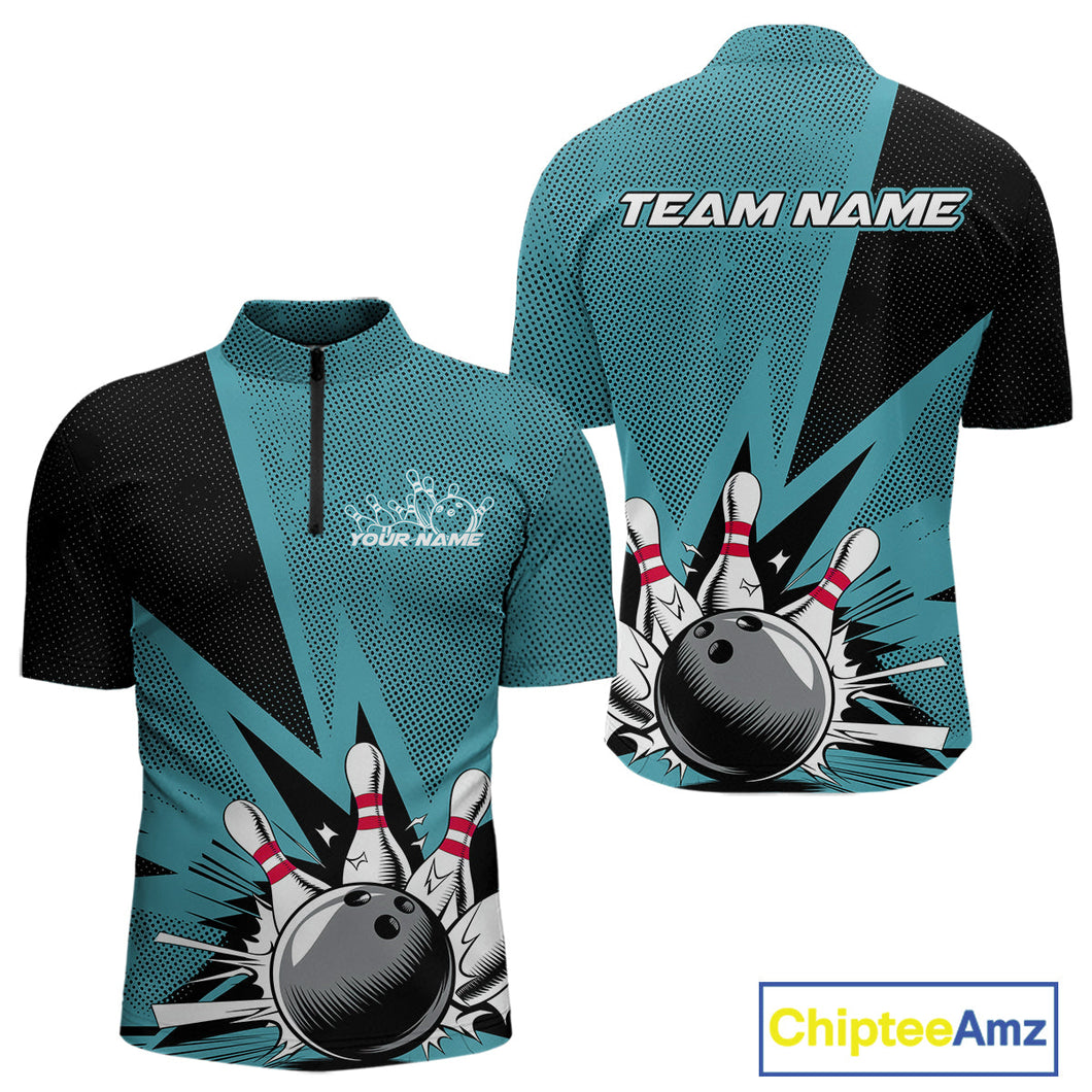 Custom Blue Bowling Jerseys, Bowling Team Men Quarter-Zip Shirts Bowling League Shirt IPHW9393
