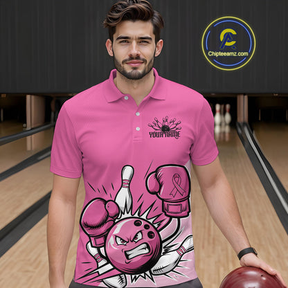 Custom Funny Pink Breast Cancer Bowling Men Polo Shirt, Breast Cancer Fighter Jerseys IPHW9395
