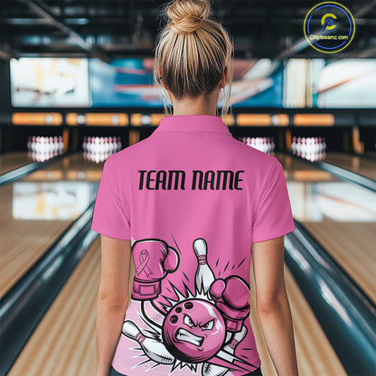 Custom Funny Pink Breast Cancer Bowling Women Polo Shirt, Breast Cancer Fighter Jerseys IPHW9395
