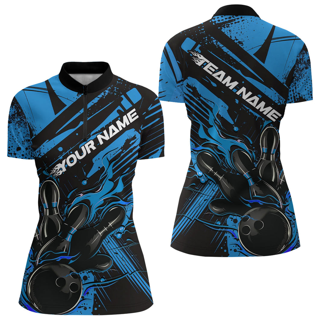 Custom Black And Blue Flame Bowling Quarter-Zip Shirts For Women, Bowling Team Shirt IPHW8244