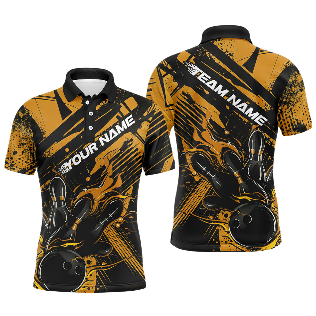 Custom Black And Gold Flame Bowling Polo Shirts For Men, Bowling Team Shirt Bowler Uniform IPHW8245