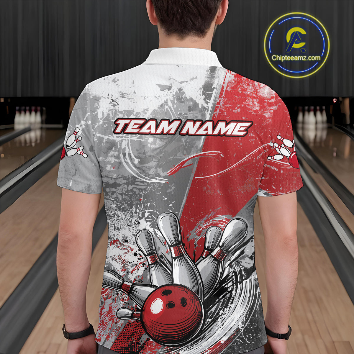 Custom Grunge Red Bowling Polo Shirts For Men, Distressed Vintage Bowling Team Shirts IPHW9550