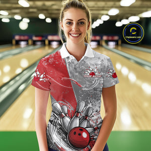 Custom Grunge Red Bowling Polo Shirts For Women, Distressed Vintage Bowling Team Shirts IPHW9550