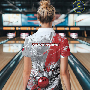 Custom Grunge Red Bowling Polo Shirts For Women, Distressed Vintage Bowling Team Shirts IPHW9550
