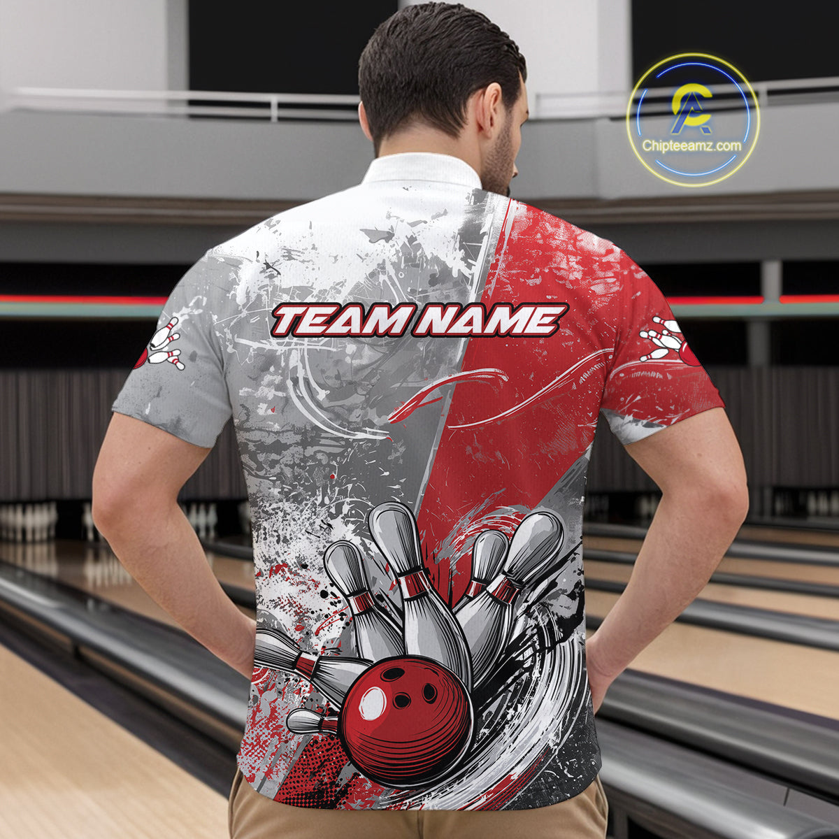Custom Grunge Red Bowling Quarter-Zip Shirts For Men, Distressed Vintage Bowling Team Shirts IPHW9550