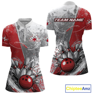 Custom Grunge Red Bowling Women Quarter-Zip Shirt, Distressed Vintage Bowling Team Shirts IPHW9550
