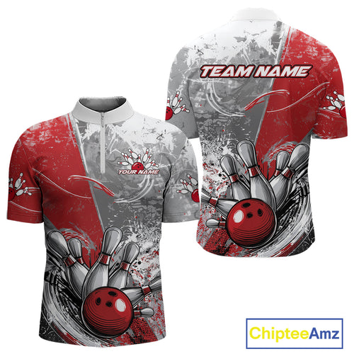 Custom Grunge Red Bowling Quarter-Zip Shirts For Men, Distressed Vintage Bowling Team Shirts IPHW9550