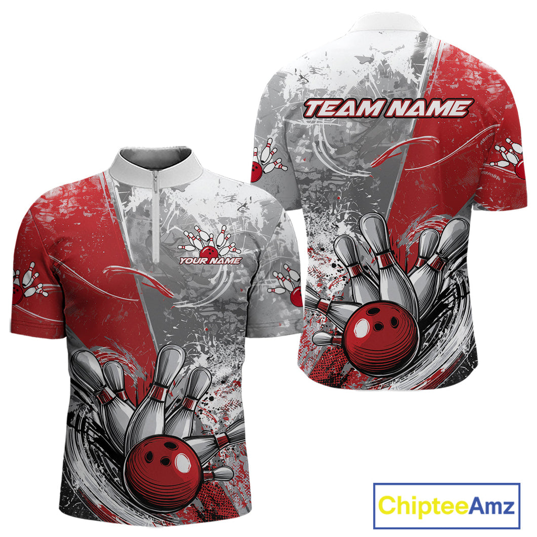 Custom Grunge Red Bowling Quarter-Zip Shirts For Men, Distressed Vintage Bowling Team Shirts IPHW9550
