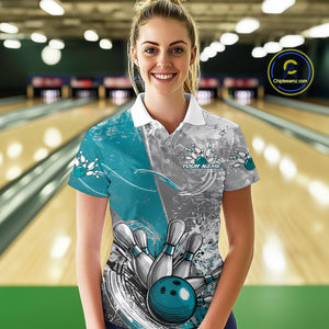 Custom Grunge Blue Bowling Polo Shirts For Women, Distressed Vintage Bowling Team Shirts IPHW9551